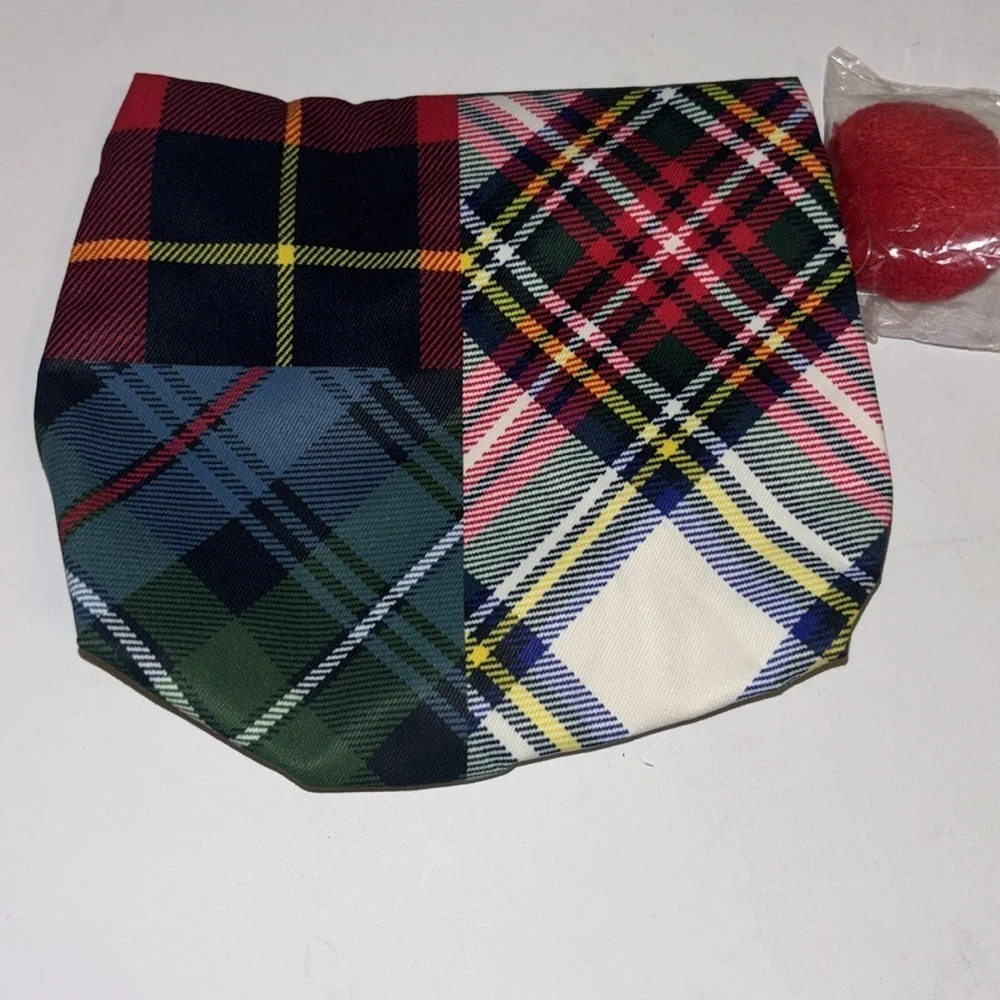ESTEE LAUDER PLAID COSMETIC BAG WITH POM POM